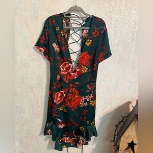 PrettyLittleThing Mini Lace Up Back, Emerald and Red Floral Dress, Sz 18